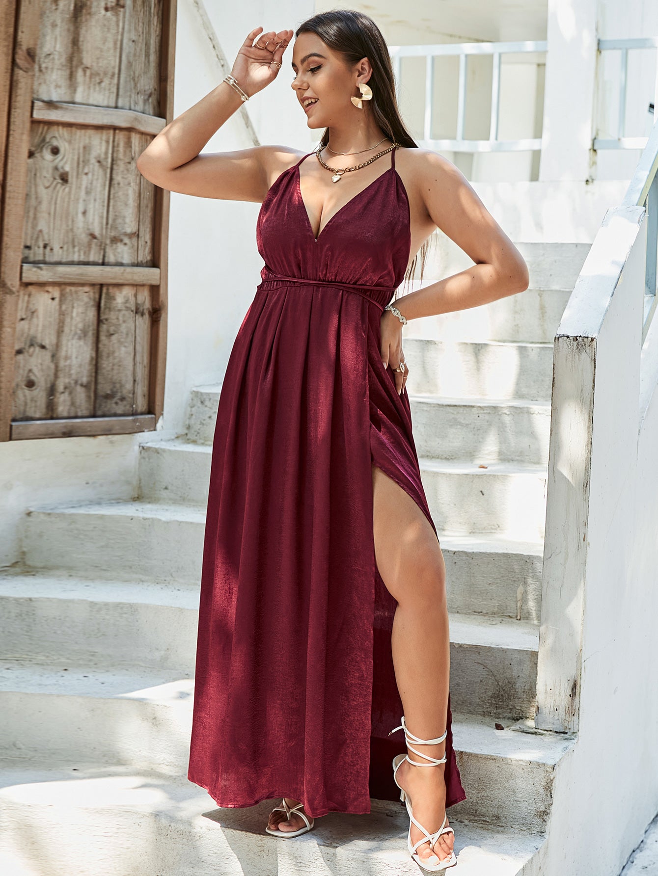 Plus Size Crisscross Side Split Plunge Velvet Maxi Dress