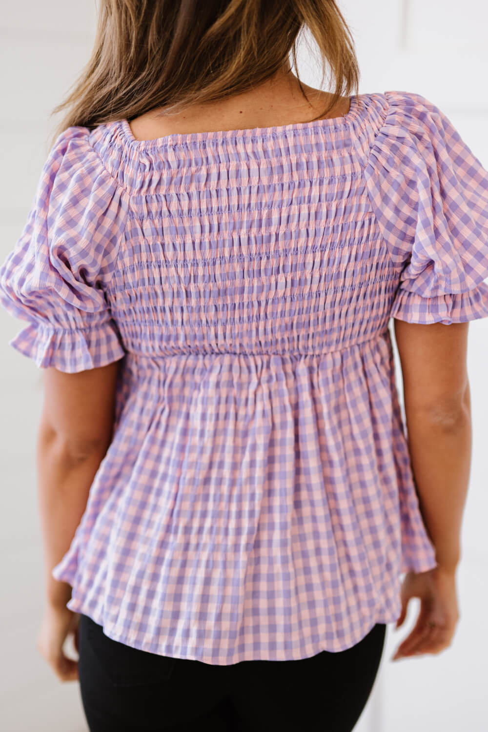 Davi & Dani Youthful Days Full Size Run Gingham Smocked Babydoll Top